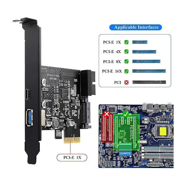 PCI-E 1X till USB 3.2 Gen1 USB3.2 Typ-C Frontadapterkort 2 Portar (Typ C+ Typ A) Expansionskort