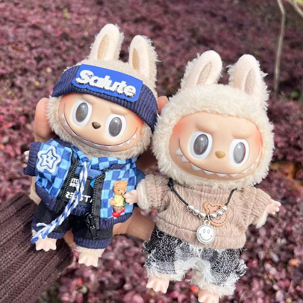 /NC/Söpö mekko asu vaatteet vain 17cm riippuva suljettu laatikko Macaron Labubu Time Chill -nuken vaatteet 12 Bear mobile phone dungarees