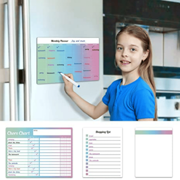 Sæt med magnetisk whiteboardtavle, skrivetavle, penne og magneter MultiColor