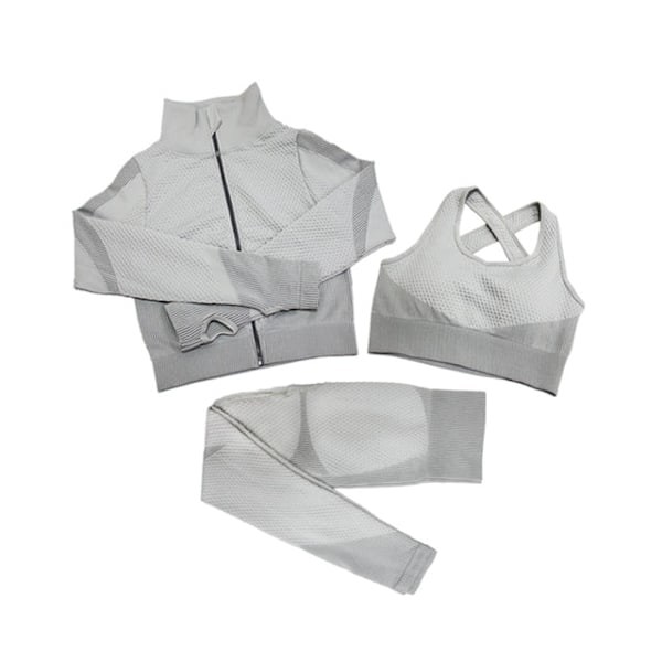 NN-Yoga Set Långärmad Tröja+Sport-BH+Sömlösa Tights Träningskläder Löpning Gym Kläder 3 delar Grå färg L L 3pcs Grå färg