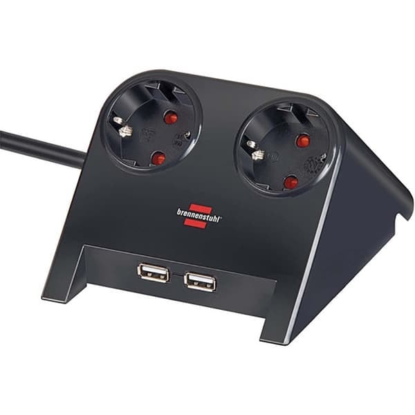 Pöytämallinen 2-osainen pistorasia pöydälle kumijaloilla ja 2-osainen USB 1,80 m Kiillotettu musta TYPE F_NN