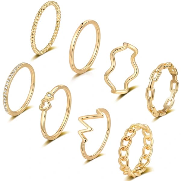 8 Dele 14K Guldbelagte Dame Stabelbare Ringe Guld Sølv Stabel