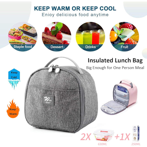 /NN/Liten Lunchväska för Kvinnor Män Mini Isolerad Lunchlåda Bärbar Kylväska Återanvändbar Snacks Väska Vuxen Lunchhink Liten Matbehållare Grå
