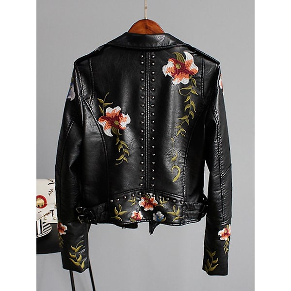 Blomstermønster Print Faux Blød Læderjakke Dame Pu Motorcykel Jakke Kvinde Sort Punk Lynlås Nitte Overtøj Sort Black XXL