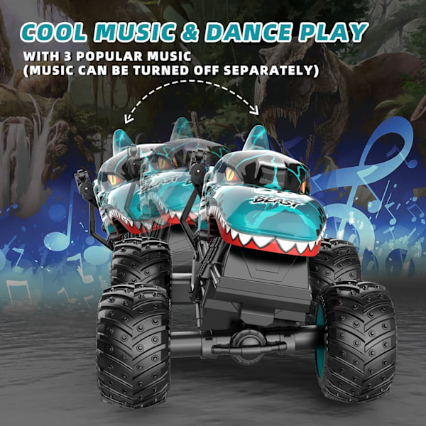 Monster Truck Legetøj, 2.4GHz RC Monster Trucks til Drenge, 1:20 Dinosaur RC Biler med Lys og Musik, Fjernstyret Stuntbil, 360° Spin, til Børn Blue