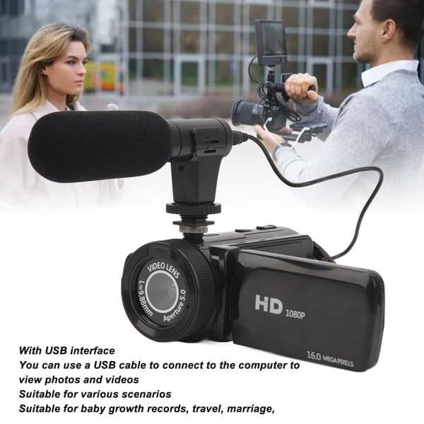 HD-digitalkamera med vidvinkelobjektiv, svart
