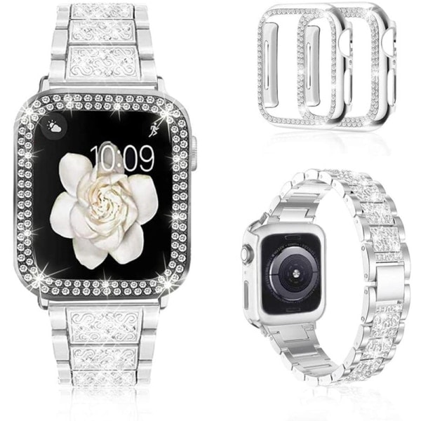 Kompatibelt /Hc/ Apple Watch-armband 42 mm med skal, metallstrassarmband med Bling PC-skal för iWatch Series 3/2/1 (silver)