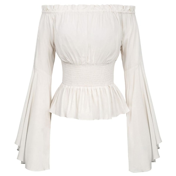Kvinder Ensfarvet Renæssance Bælte Talje Bluse Off Shoulder Toppe Middelalderlig Viktoriansk Langærmet Skjorte Pirat Cosplay Kostume Sort S