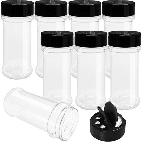 /NN/ 8-pack 200 ml Runda Kryddburkar i Plast med Svarta Strölocket, Återanvändbara Kryddburkar, Transparenta Plastburkar