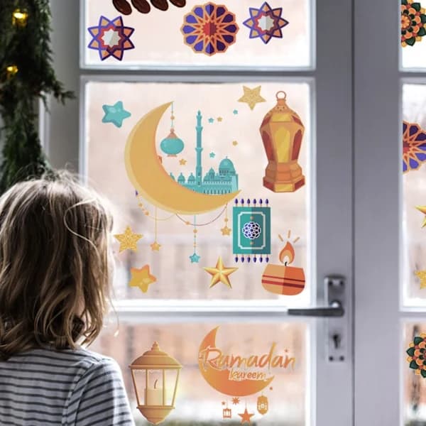 1 Sett Eid Mubarak Statiske Klistremerker Måne Stjerne Slott Vindusdekaler