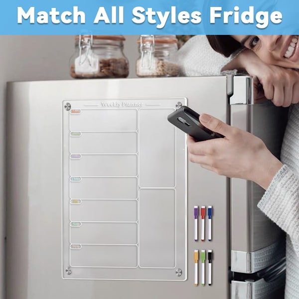 Akryl Magnetisk Menybräda för Kök, Akryl Veckokalender för Kylskåp, Akryl Whiteboard för Kylskåp med 6 Magnetiska Raderbara Pennor