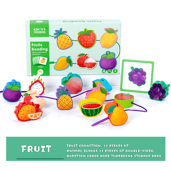 Trästrängpärlor Blockleksaker Säkert trämaterial Snörpärlor och snörleksak för toddler förskoleaktivitet Fruit