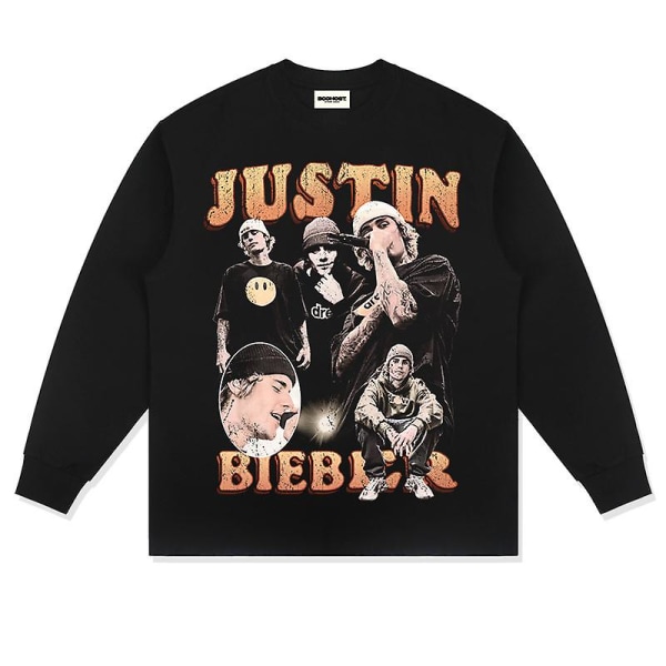 Justin Bieber Printing Hip Hop Street Långärmad Kortärmad T-shirt Retro Vattentvätt XXL Black Long sleeve
