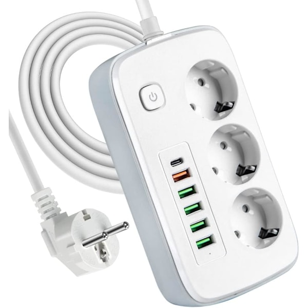 Grenuttag med USB, 3-vägsuttag med 5 USB-portar och 1 USB-C för skrivbord med strömbrytare, 2 meter förlängningskabel, adapter