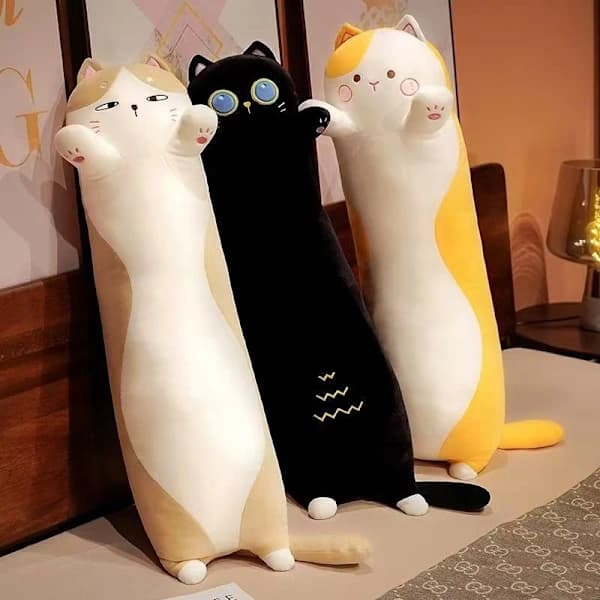 Søt katte kosedyr lang kroppspute gul 110 cm