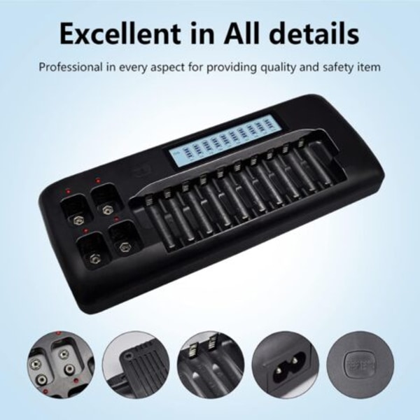 CCYKXA LCD Batteriladdare - 14 Fack Universal Smart Batteriladdare för AA/AAA Ni-MH Batterier med Urladdningsfunktion/NC/
