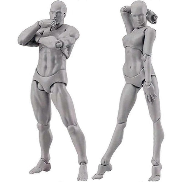 Kroppsmodell, Konstnärsmodell Trämodell Ledad modell Målningsfigur Man + Kvinna Set (Grå)-WELLNGS/NT/