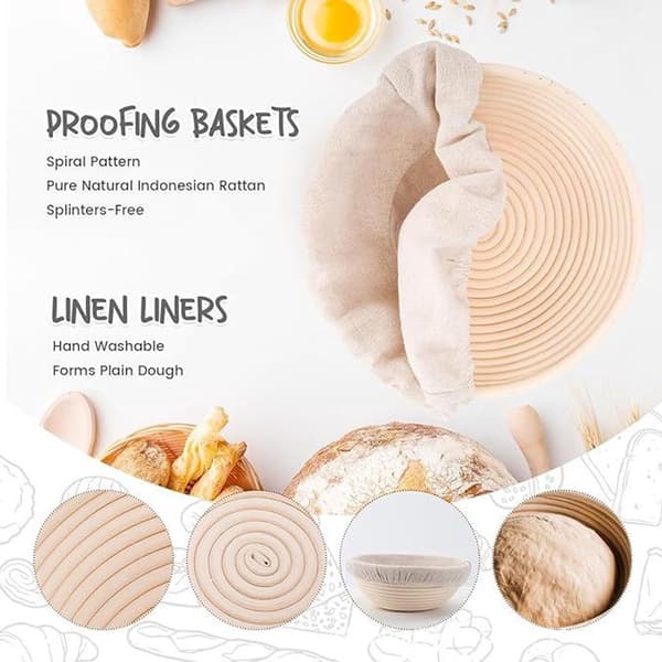 2 Rund Jäskorg Brödjäskorg Surdegsjäskorg Handgjord Rotting Skål 20cm Diameter med Tygfoder Beige