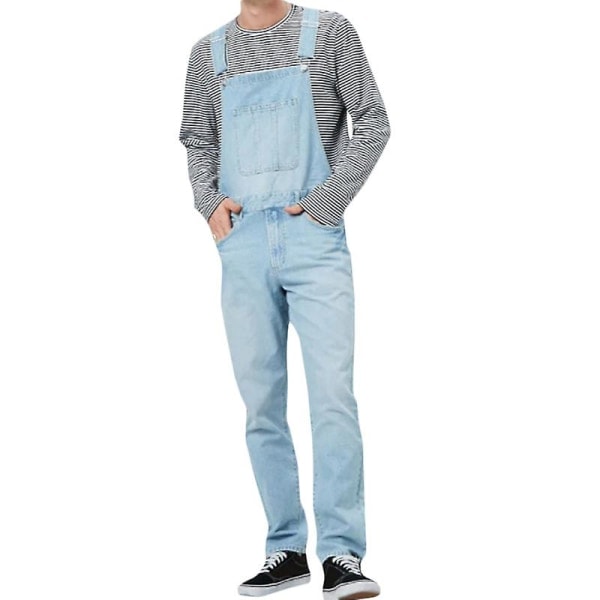 Herr Ljus Denim Løse Overaller Smekke Bukser Dungarees Jean Jumpsuits Mørk Blå L