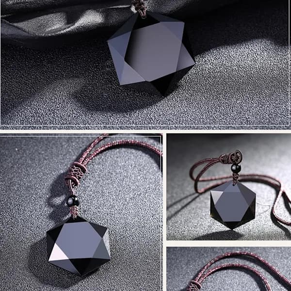 Svart obsidian sten hexagram form hänge halsband