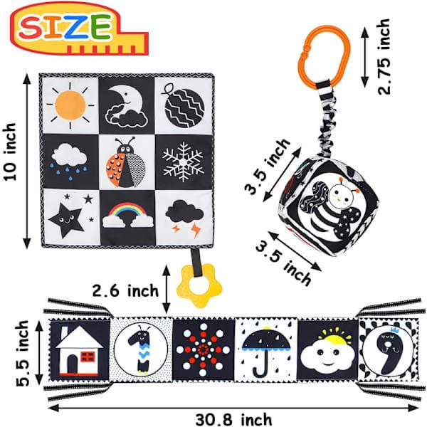 3-piece Activity Toy, Black and White Cloth Book for 0-6 Month Babies, Foldable, Learning Toy, Baby Activity Toy for Visual Development