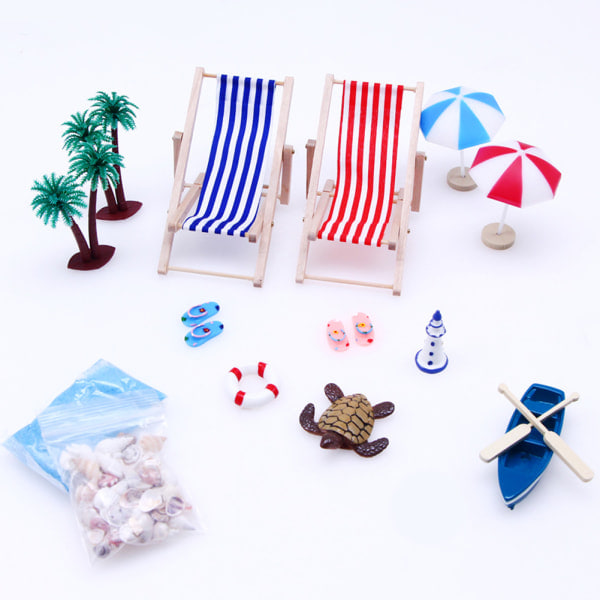 [NT] 14st Dockhus Mini Strandset Mikro Landskap Sommar Skal Sol Parasoll Trä Strandstol Ziplock-påse