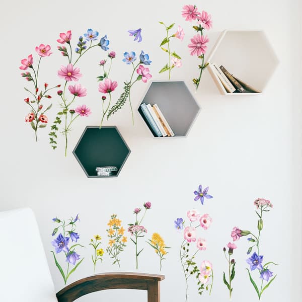 Växtväggdekaler, glasfönsterdekaler, rosa blommor, vägg