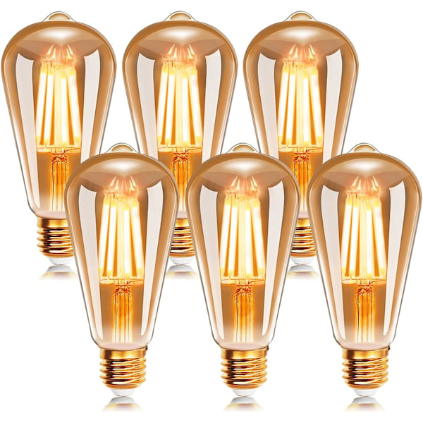 LED Filament Glødepære E27 St64 6W 2200K Varm Hvit, Retro Edison Glødepærer Vintage Antikk Lampe, 540Lm Tilsvarende 48W Glødepære, 6-Pakning…