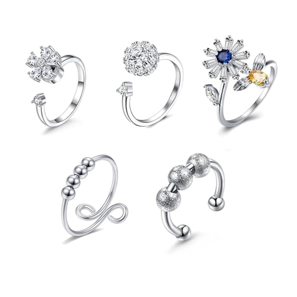 5st Blomångest Ring Set Zirkon Blomster Pärlor Roterbar Justerbar Öppen Fidget Ring Set för Kvinnor