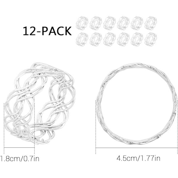 12 st Servettringar, Metalliska Flätade Servettringar Servettringshållare för Bankett Middag, Servett Spänne Bord Dekoration, Silver
