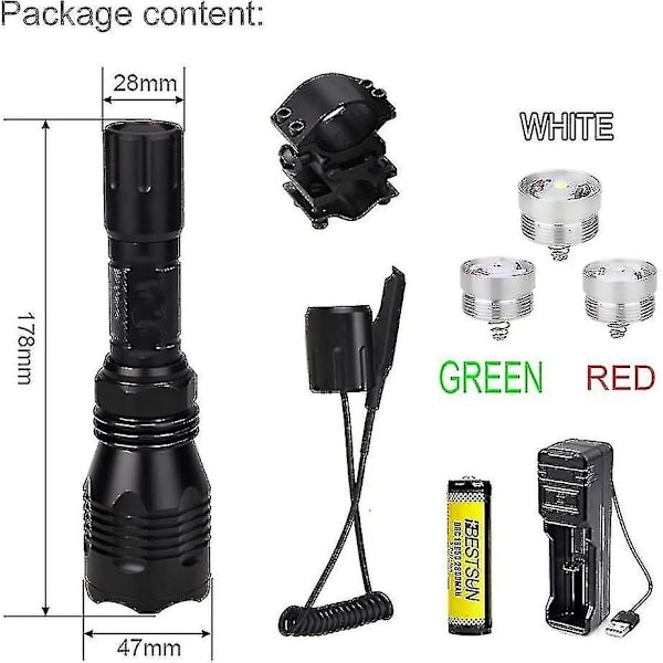/NN/ Jagtlampe med udskiftelige røde/grønne/hvide LED'er, 320 meters rækkevidde, jagtlommelygte til rovdyr med trykafbryder, der er kompatibel med hjorte og ræve