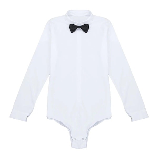 Latinamerikansk dansskjorta för herrar med fluga, jumpsuit i ett stycke, balsalsdanskläder för män, långärmad bodysuit, vit M_ NN