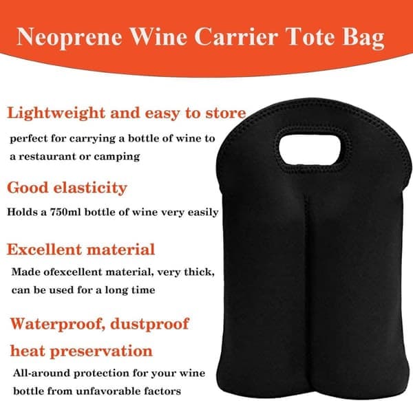 Vinpose til 2 flasker – Isoleret neoprenpose til 750 ml vin – Genanvendelig rejse- og gavepose – Sort