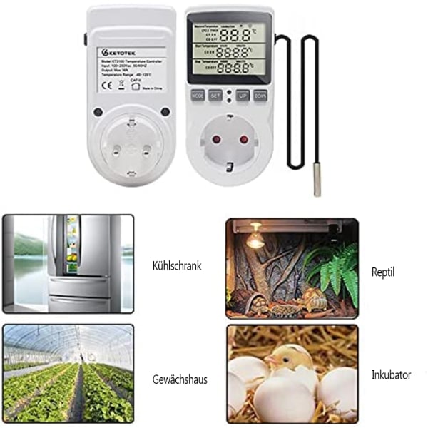 KETOTEK 230 V Temperaturregulatoruttak med sensor, digital termostatuttak med timer, uttakstermostat tidsinnstillingsbryter for drivhus, akvarier,