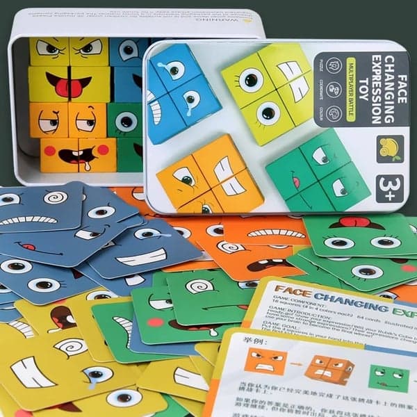 Kub Ansiktsbytes Träpussel Byggstenar Brädspel Montessori Uttryck Träblock Blocos För Barn Leksaker Present