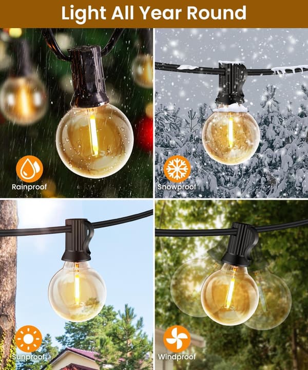 10m Outdoor String Lights, 20+2 G40 Bulbs, Shatterproof, Waterproof, 10M LED String Lights 10M