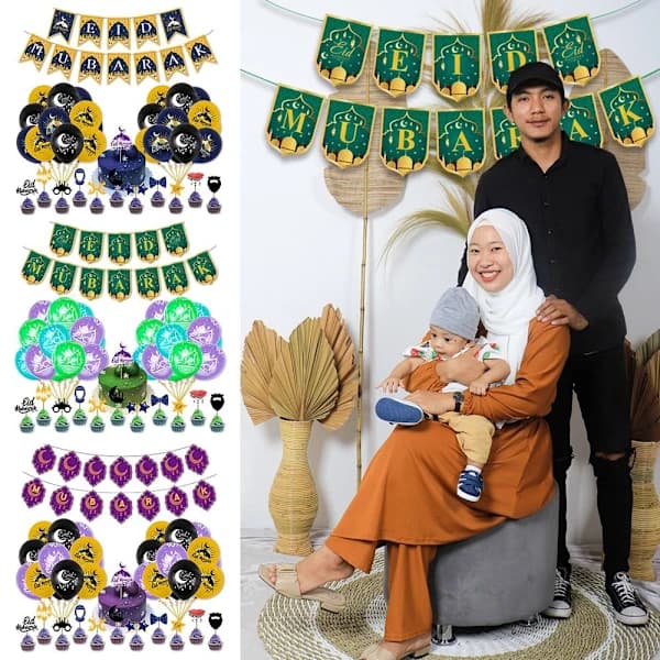 1 setti Eid Mubarak -viirejä, seppele ja lateksipalloja B B