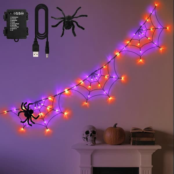 Halloween Spindelvev 1.8m Med 60LED - Batteri/USB Timer 8 Lysmoduser