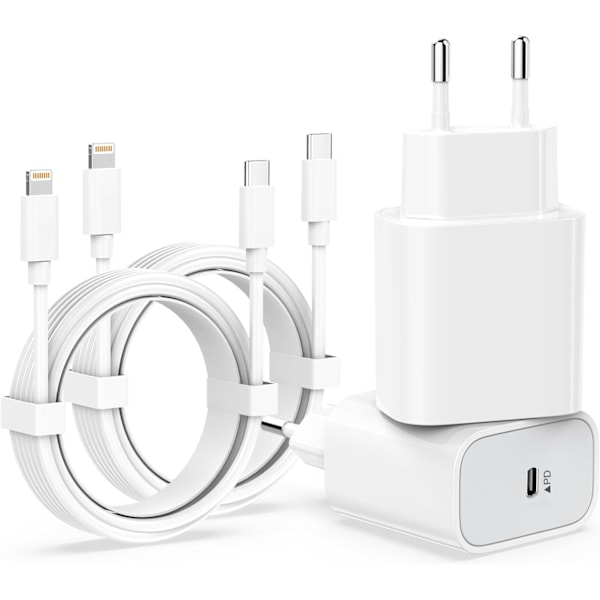 (2x) iPhone 14 hurtigoplader USB-C strømadapter 20W + Kabel Vi (2st) (20W + 1M)