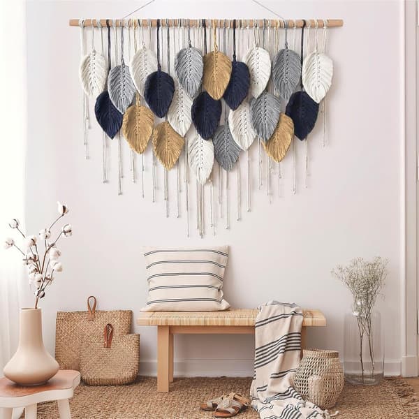 Handvävd väggbonad med lövmönster och tofsar, stor makramé boho-väggkonst för sovrum, vardagsrum och kontor, 100x80 cm