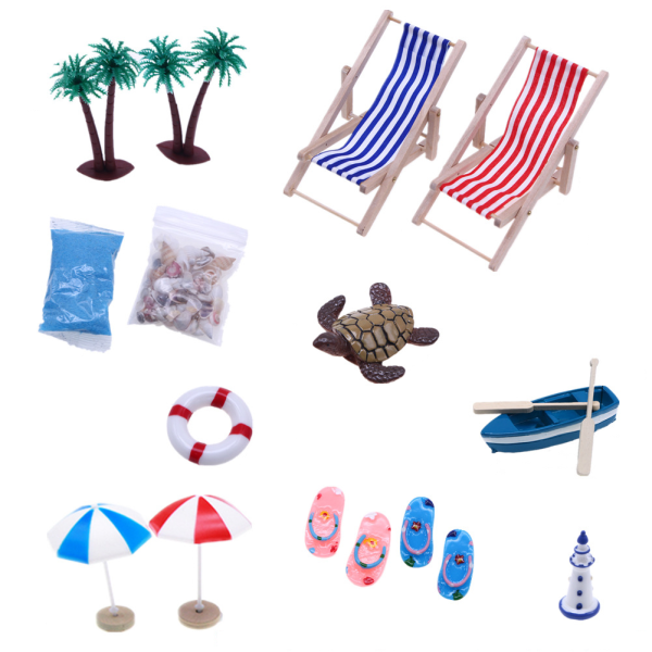 [NT] 14st Dockhus Mini Strandset Mikro Landskap Sommar Skal Sol Parasoll Trä Strandstol Ziplock-påse
