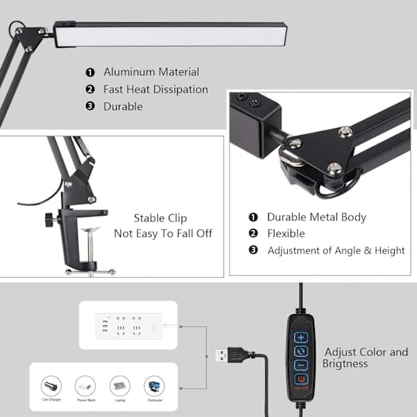 NA/LED Skrivebordslampe - Clip-on LED Skrivebordslampe - Øyebeskyttelse - 3 Lysmoduser, 10 Lysstyrker