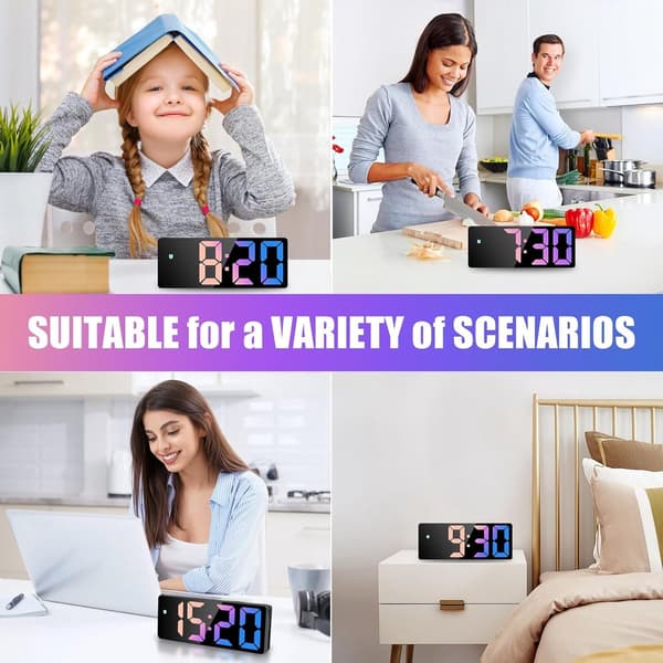 Digital väckarklocka, 6,3-tums LED-display med snooze, automatisk dimning, tid, datum och temperatur, USB/batteridriven för sovrum