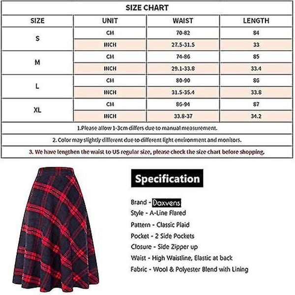 Dame Maxi-skjørt med Høy Elastisk Midje, A-linje, Rutete, Vintervarm, Flare, Lang, Størrelse L Mid-calf Black*white X-Large
