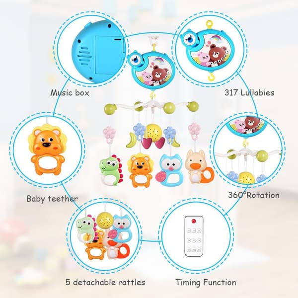 Crib Mobile, 0+ Months, Stroller Mobile, 3-in-1 Crib Mobile with Lights and Music