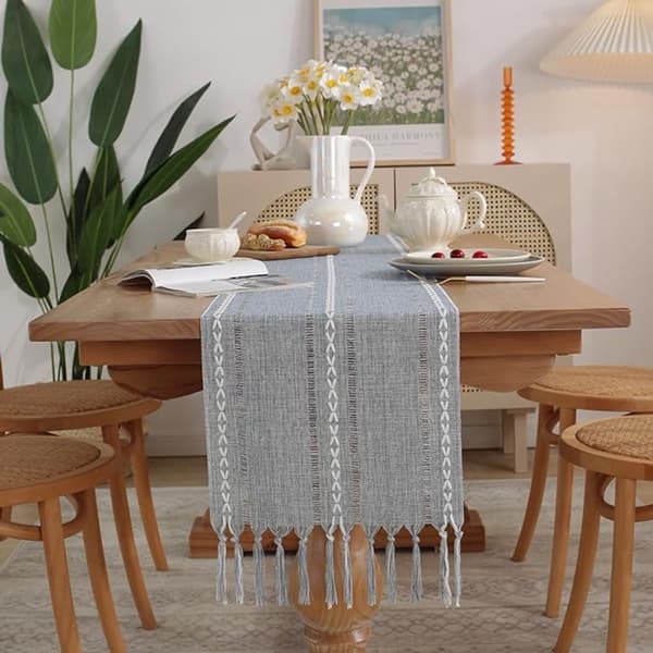 Boho bordløper med makramébroderi og dusker, rustikk bondegårdsdekor i polyester for fester, blå 13 x 47 tommer