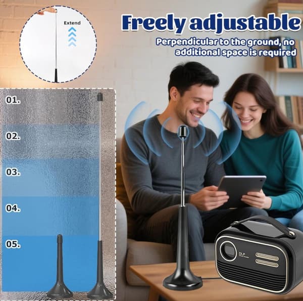 DAB FM-radioantenne med magnetisk base, 3 adaptere og 3 m forlængerkabel til indendørs HiFi-systemer, sort