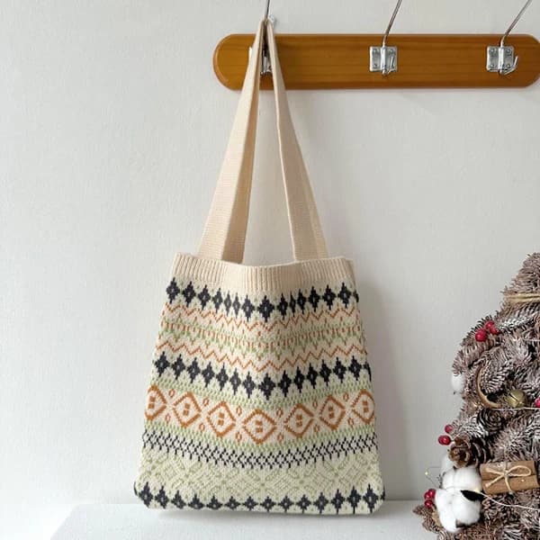 Håndvævet taske, korrugerede strikkede tasker, BEIGE beige