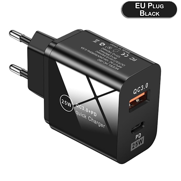 25W Strømadapter Oplader Hurtigoplader Strømforsyning USB-C Type-C QC 3.0 Sort