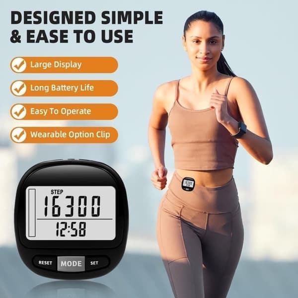 3D Pedometer with Large Display - Measures Steps, Distance & Calories with Detachable Clip for Exercise & Everyday Use
